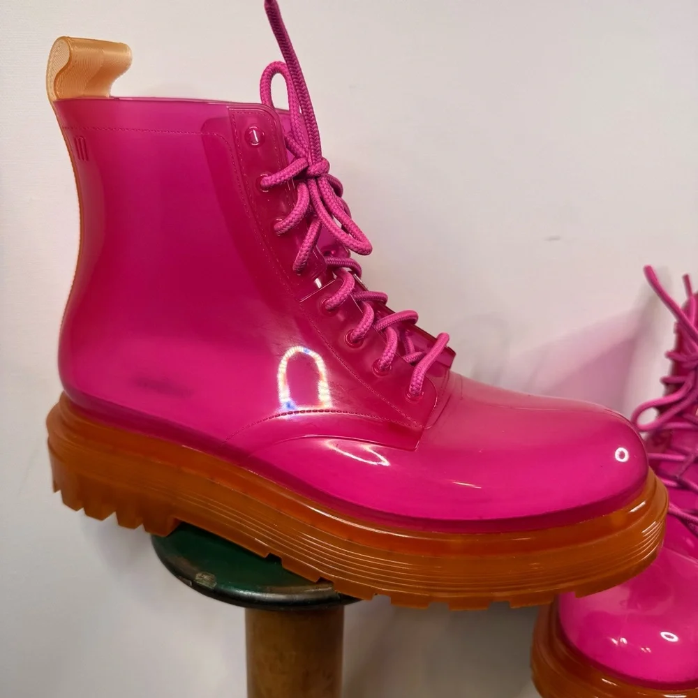 MELISSA Coturno Translucent Platform Lace Up Combat Boots HOT PINK-ORANGE / 7 US - Picture 2 of 14